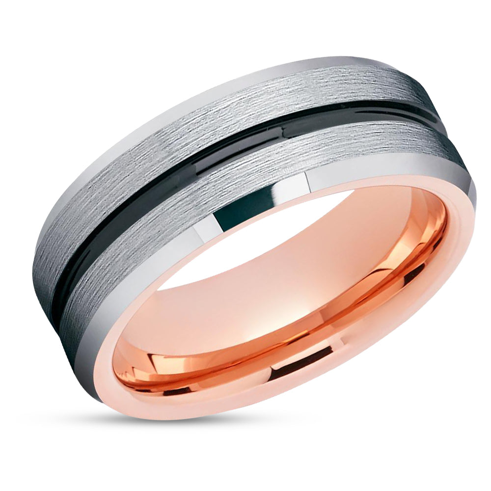 Rose Gold Tungsten Wedding Band - Black Tungsten - Rose Gold Ring