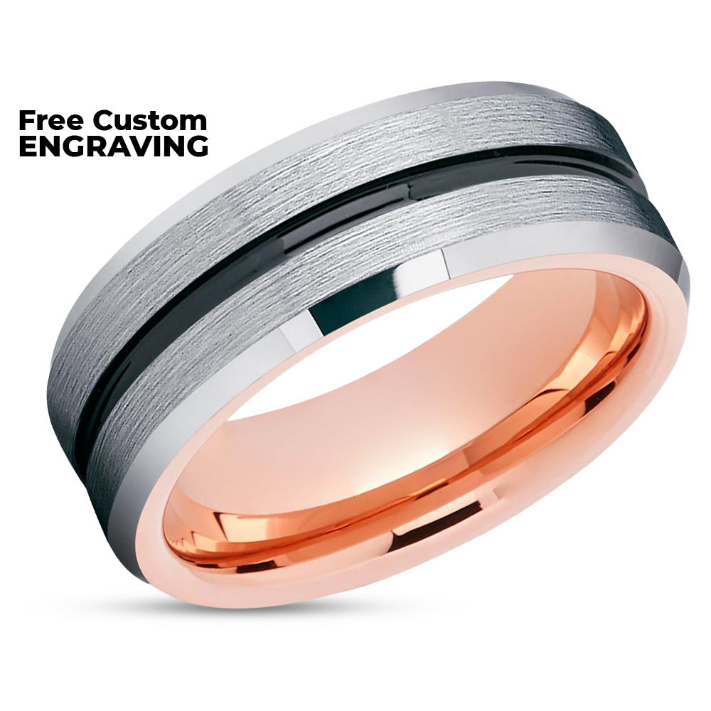 Rose Gold Tungsten Wedding Band - Black Tungsten - Rose Gold Ring