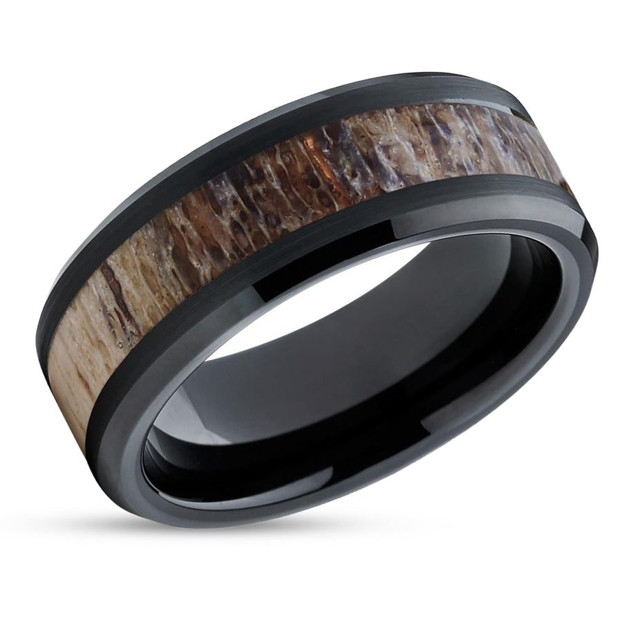 Black Tungsten Wedding Ring - Antler Wedding Ring - Hunters Ring  - Tungsten Band Ring