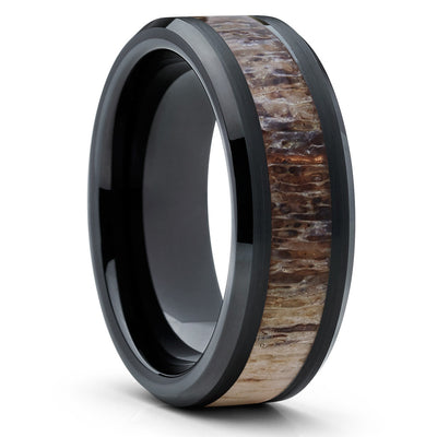 8mm - Deer Antler Ring - Black - Tungsten Wedding Band - Deer Horn - Clean Casting Jewelry