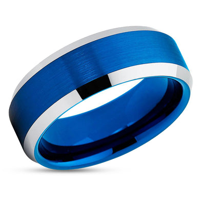 Blue Tungsten Wedding Ring - Blue Wedding Band - Silver Wedding Ring - Blue Ring