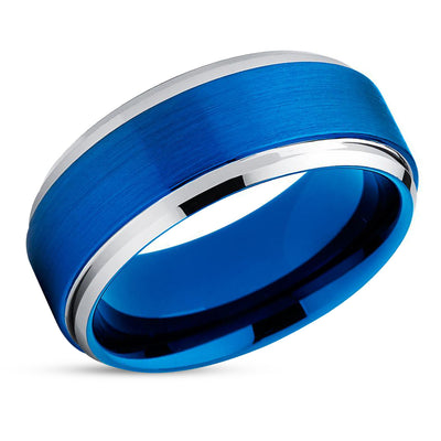 Blue Tungsten Ring - Blue Tungsten Wedding Band - Silver Tungsten Ring - Blue Tungsten