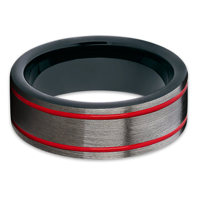 Red Tungsten Ring - Red Tungsten Wedding Band - Black Tungsten Ring - Gunmetal - Clean Casting Jewelry