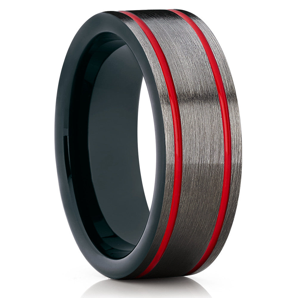 Red Tungsten Ring - Red Tungsten Wedding Band - Black Tungsten Ring - Gunmetal - Clean Casting Jewelry