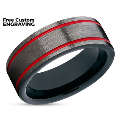Red Tungsten Ring - Red Tungsten Wedding Band - Black Tungsten Ring - Gunmetal