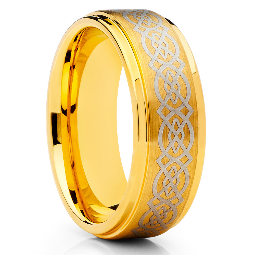 Yellow Gold Tungsten - Men's Wedding Band - Celtic Design - Yellow Gold Ring - Clean Casting Jewelry