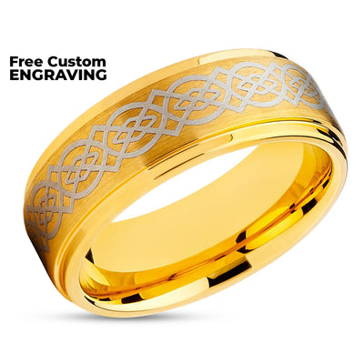 Yellow Gold Tungsten - Men's Wedding Band - Celtic Design - Yellow Gold Ring
