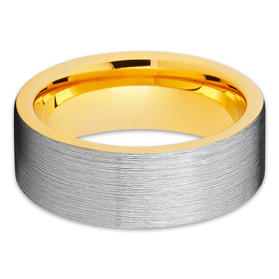 Yellow Gold Tungsten Wedding Ring - Silver Brushed - Tungsten Wedding Band - Clean Casting Jewelry
