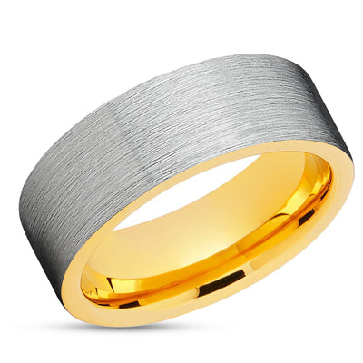 Yellow Gold Tungsten Wedding Ring - Silver Brushed - Tungsten Wedding Band - Gold