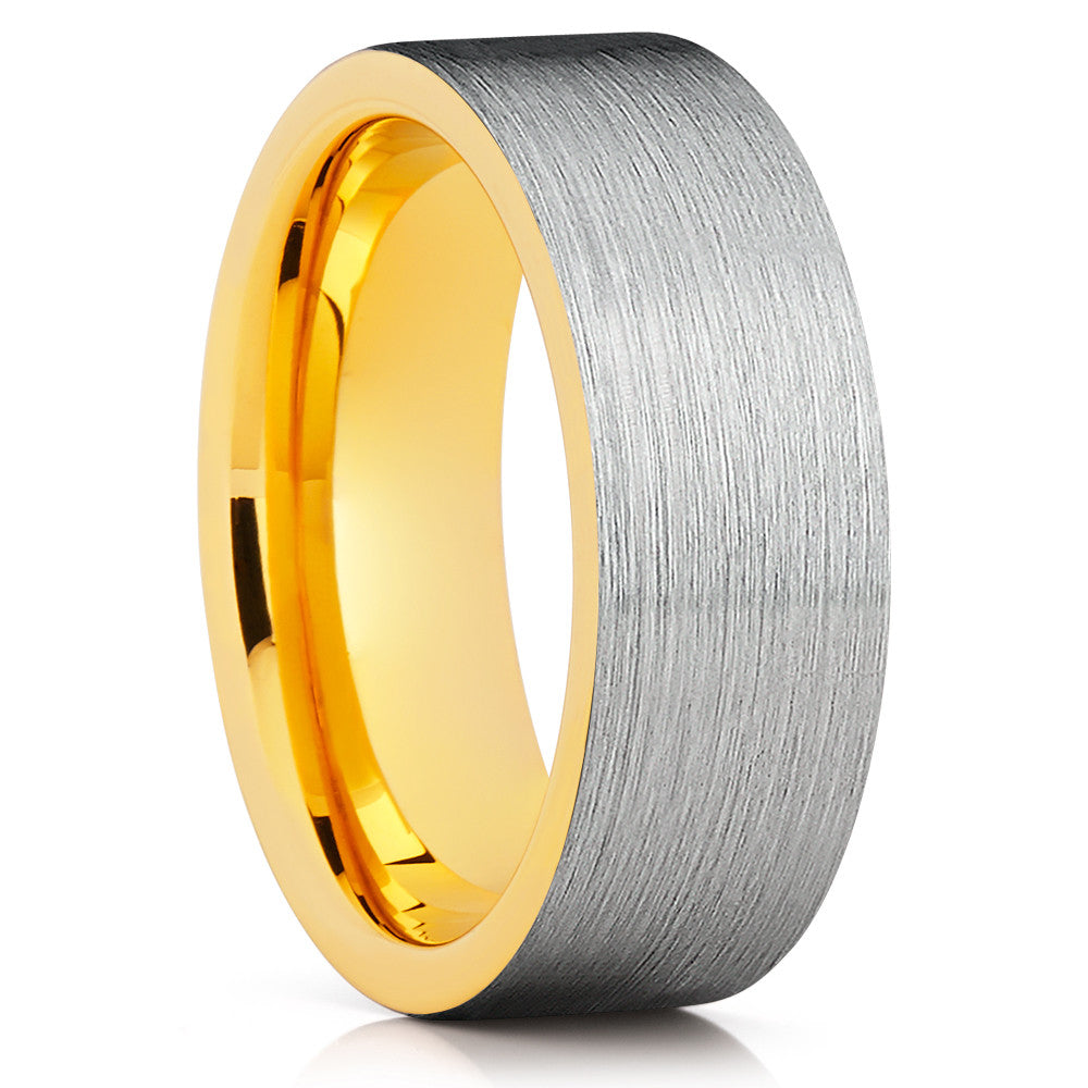 Yellow Gold Tungsten Wedding Ring - Silver Brushed - Tungsten Wedding Band - Clean Casting Jewelry