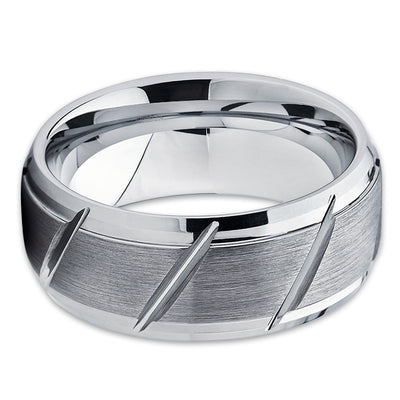 Gray Tungsten Wedding Band - Grooved Ring - Tungsten Carbide Ring - Brush - Clean Casting Jewelry