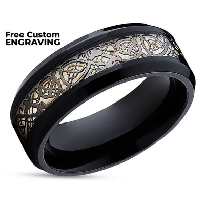 Black Tungsten Ring- Dragon Inlay - Tungsten Wedding Band - Unisex -Black Tungsten Ring