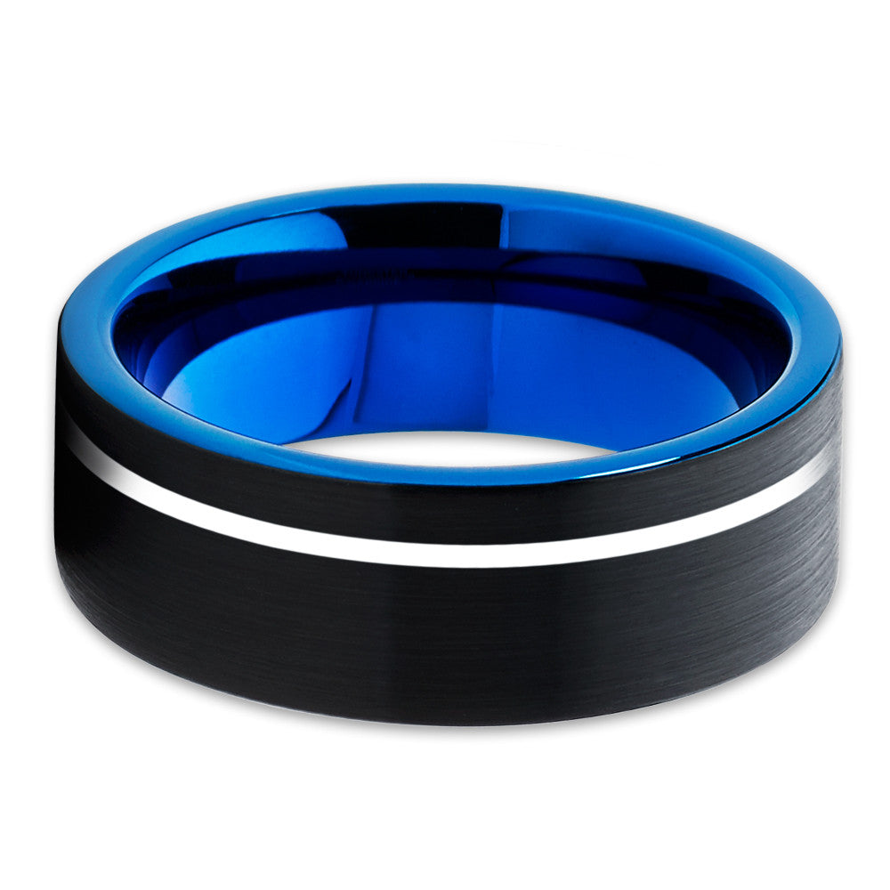 Blue Tungsten Wedding Band - Black Tungsten Ring - Black Brush Ring - Clean Casting Jewelry