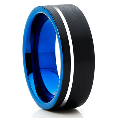 Blue Tungsten Wedding Band - Black Tungsten Ring - Black Brush Ring - Clean Casting Jewelry