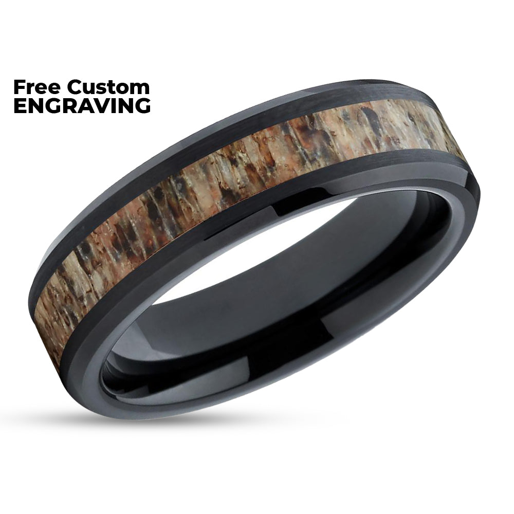 Black Tungsten Ring - Antler Wedding Ring - Deer Antler Ring - Tungsten Carbide Ring