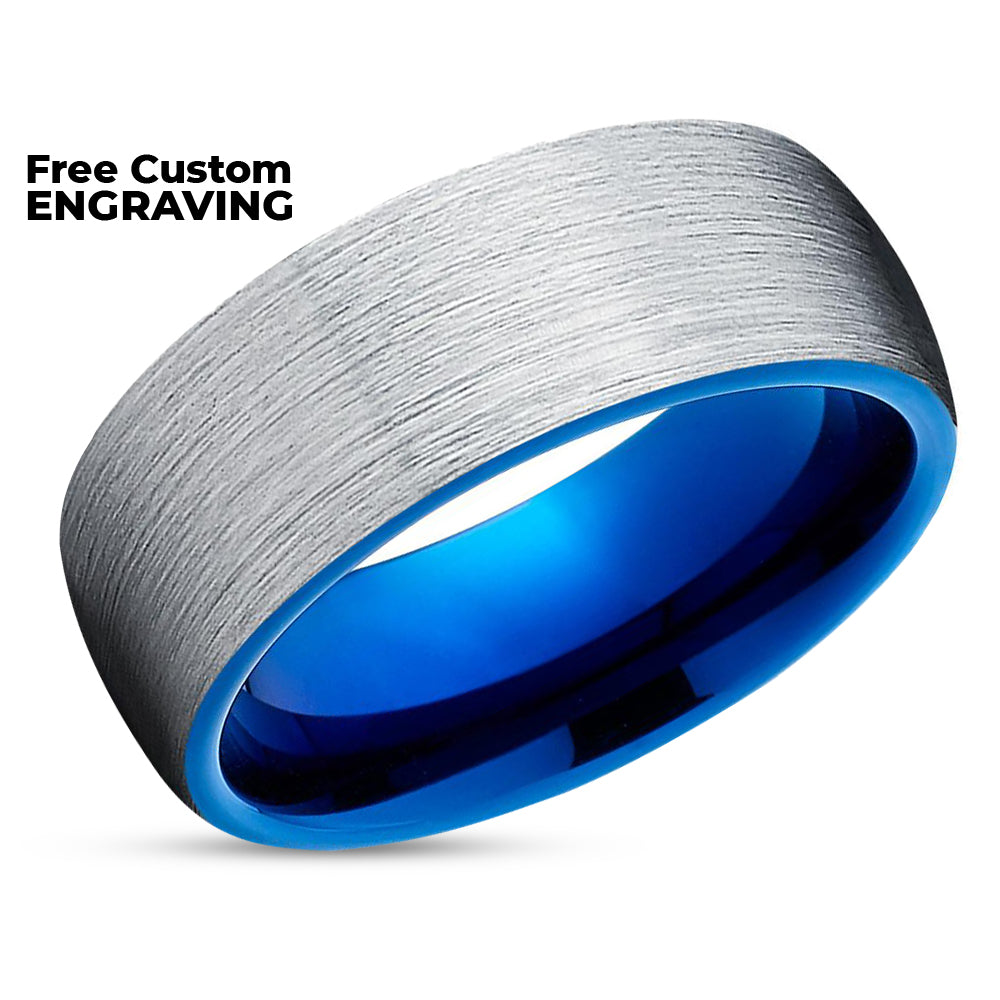 Blue Tungsten Wedding Ring - Blue Wedding Band - Silver Wedding Ring - Tungsten Band
