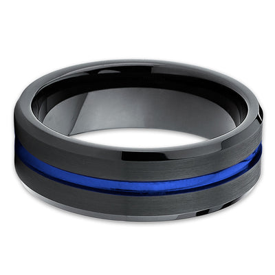 Blue Tungsten Wedding Band - Black Ring - Tungsten Wedding Ring Brush - Clean Casting Jewelry