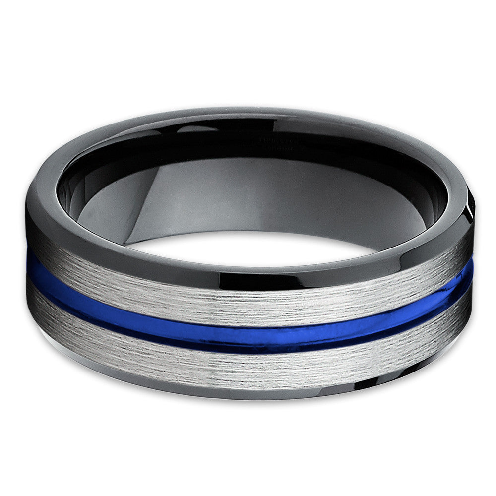 Blue Tungsten Ring - Tungsten Wedding Band - Black Tungsten Ring - Brush - Clean Casting Jewelry