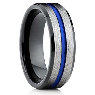 Blue Tungsten Ring - Tungsten Wedding Band - Black Tungsten Ring - Brush - Clean Casting Jewelry