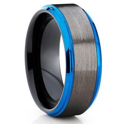 Blue Tungsten Ring - Tungsten Wedding Band - Gunmetal  - Black Tungsten - Clean Casting Jewelry