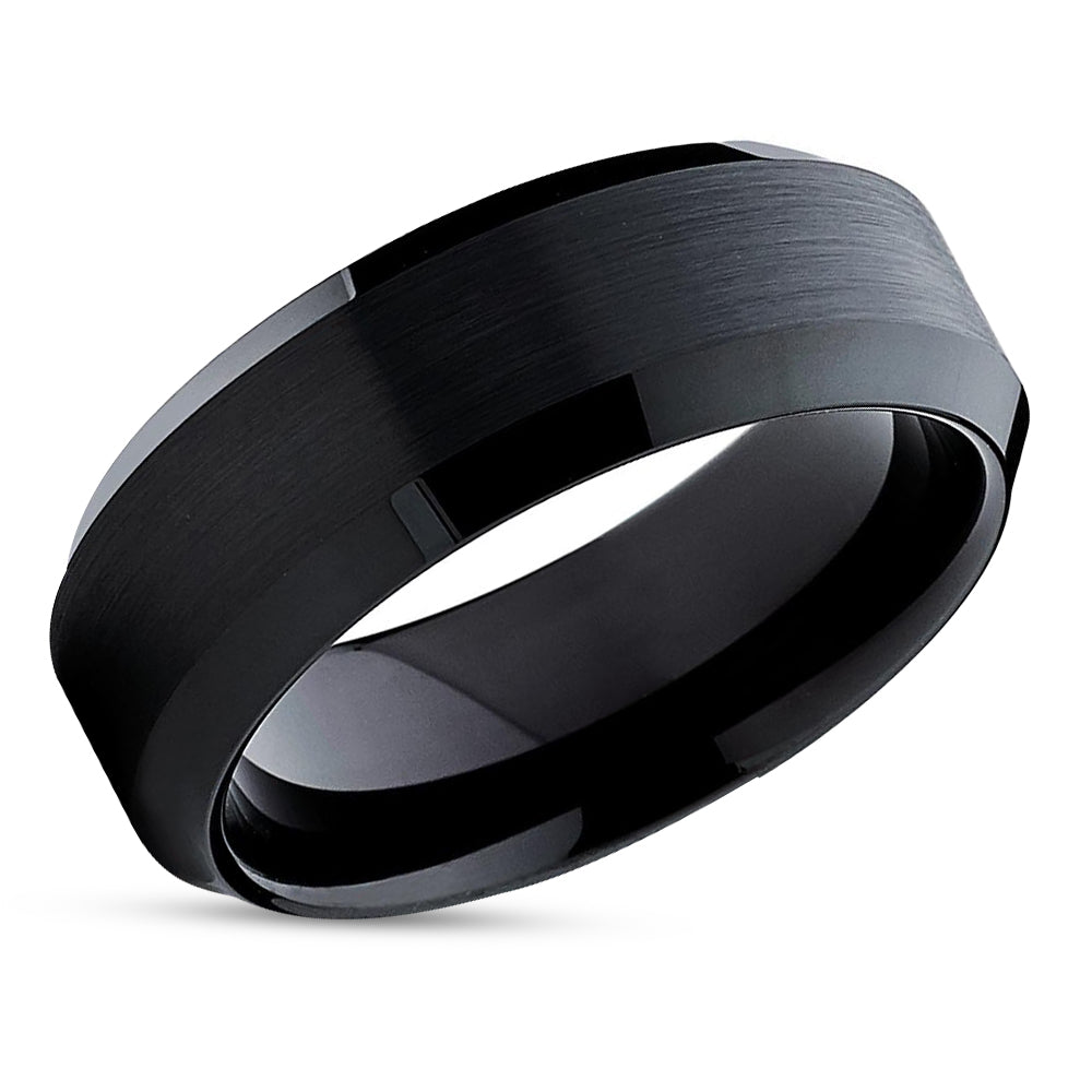 Black Tungsten Wedding Band - Beveled Edges - Men's Tungsten Ring Unique - Black Band