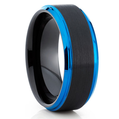 Blue Tungsten Wedding Band - Black Ring - Men's Tungsten Band - Brush - Clean Casting Jewelry