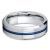 Blue Tungsten Wedding Band - Grooved - Blue Tungsten Ring 8mm - Clean Casting Jewelry