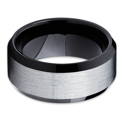 Black Tungsten Ring - Silver Brush - Black Tungsten Band - Me's Ring - Clean Casting Jewelry