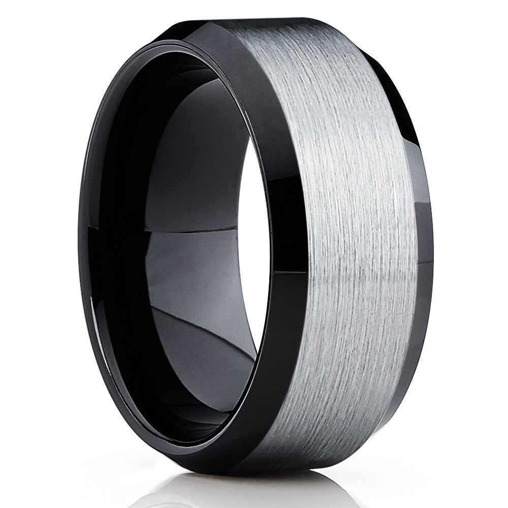 Black Tungsten Ring - Silver Brush - Black Tungsten Band - Me's Ring - Clean Casting Jewelry