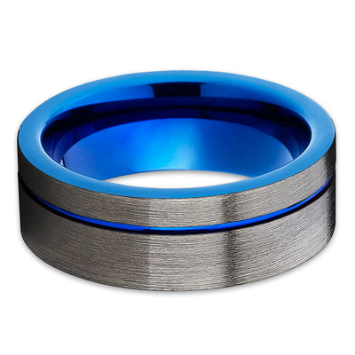 Blue Tungsten Wedding Ring - Gunmetal Gray - Blue Tungsten Ring - Brush - Clean Casting Jewelry