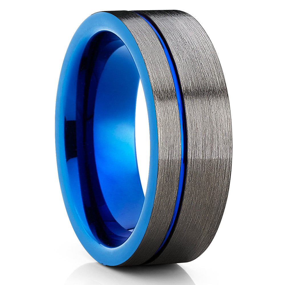 Blue Tungsten Wedding Ring - Gunmetal Gray - Blue Tungsten Ring - Brush - Clean Casting Jewelry