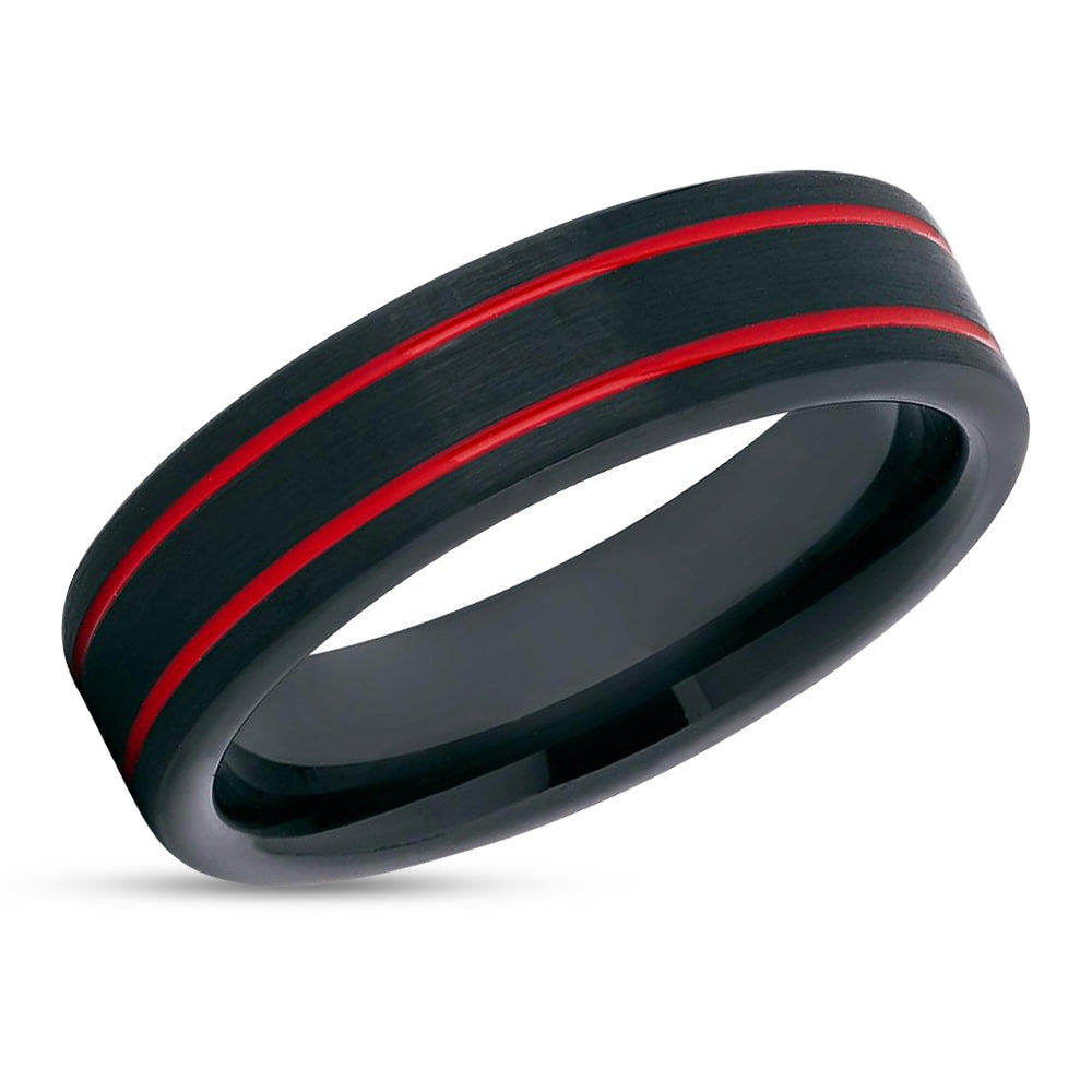 Black Tungsten Ring - Red Wedding Ring - Tungsten Carbide Ring - Red Tungsten Ring