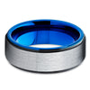 Blue Tungsten Wedding Band - Silver Brush - Black Tungsten Ring  - 8mm - Clean Casting Jewelry