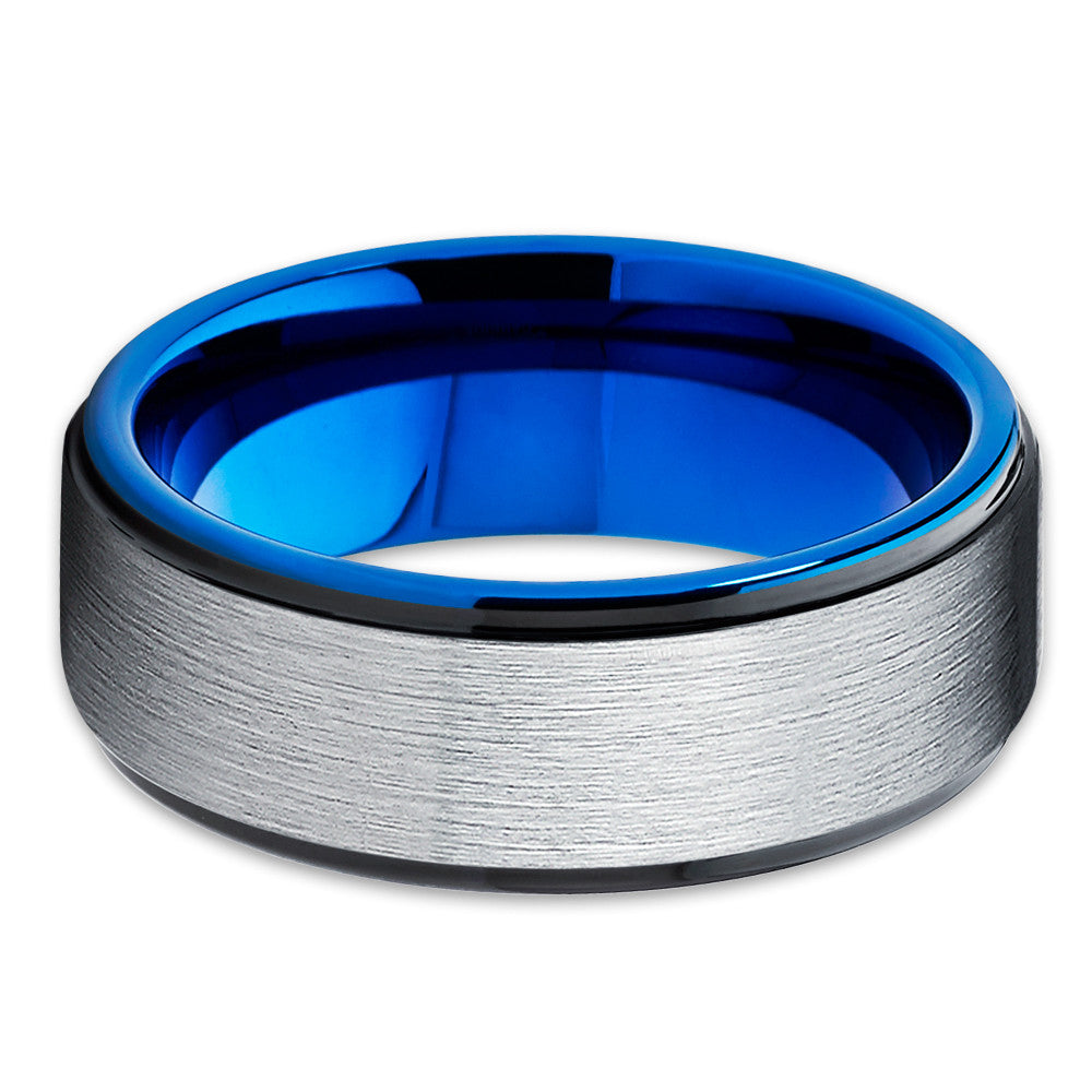 Blue Tungsten Wedding Band - Silver Brush - Black Tungsten Ring  - 8mm - Clean Casting Jewelry