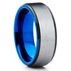 Blue Tungsten Wedding Band - Silver Brush - Black Tungsten Ring  - 8mm - Clean Casting Jewelry