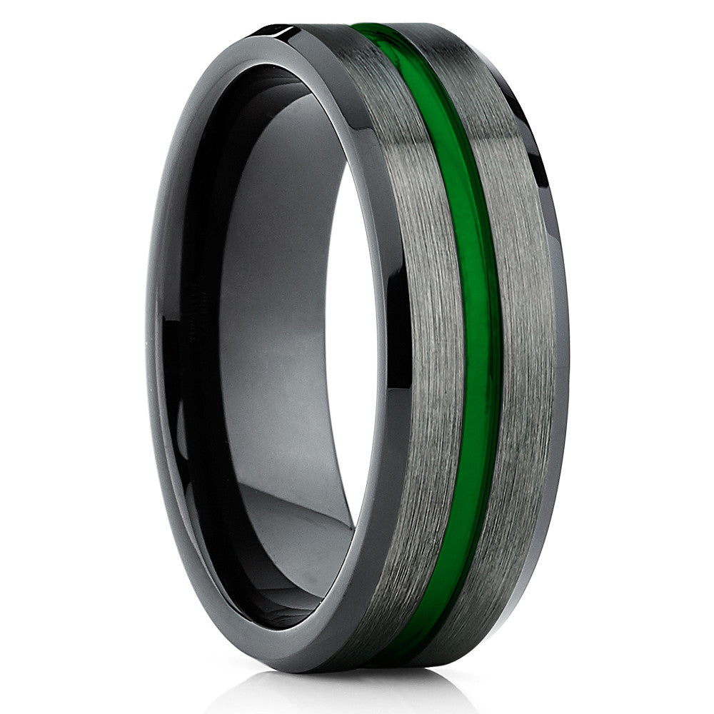 Green Tungsten Wedding Band - Gunmetal - Tungsten Wedding Band -Men's - Clean Casting Jewelry