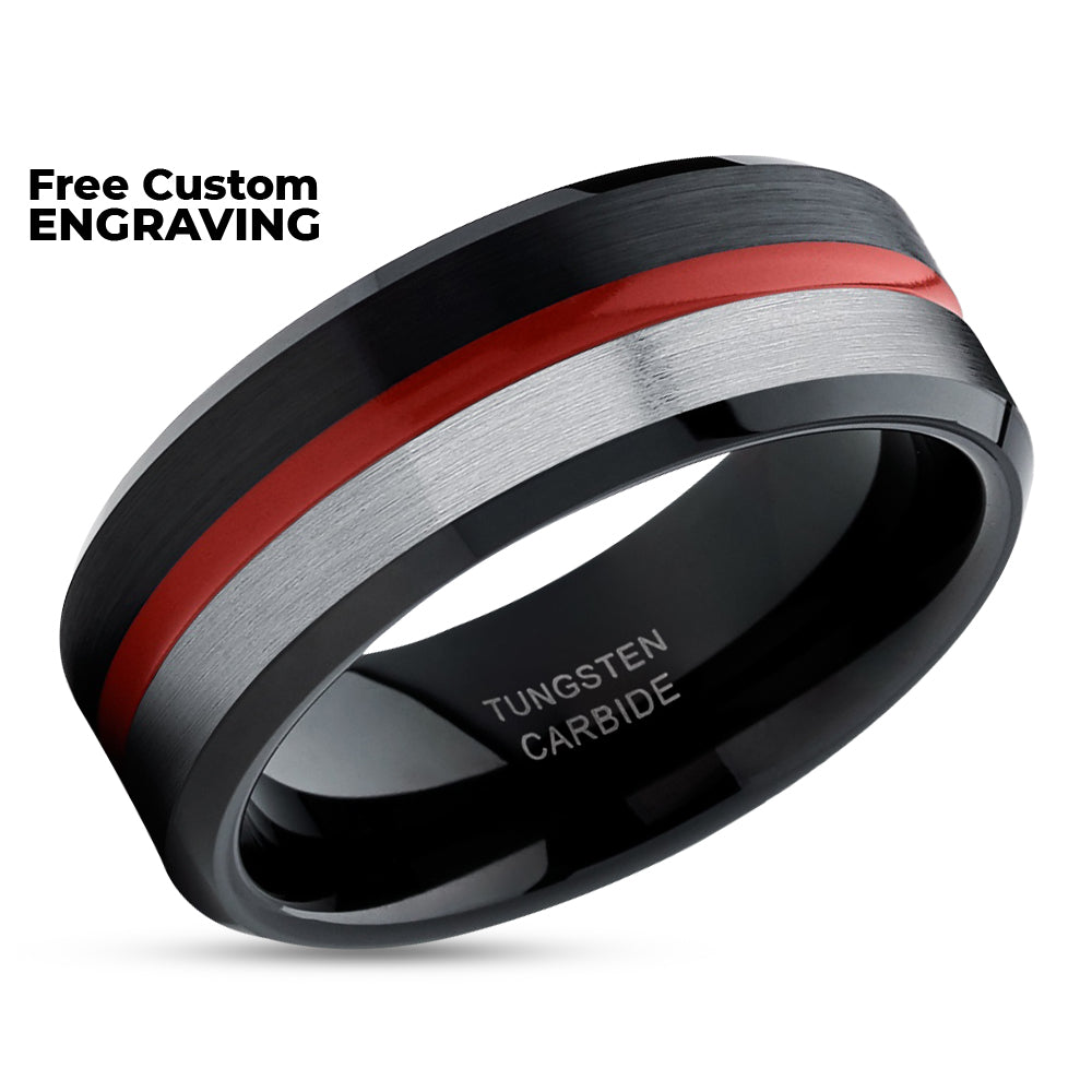 Black Tungsten Wedding Ring - Red Wedding Ring - Tungsten Wedding Band - Red Ring