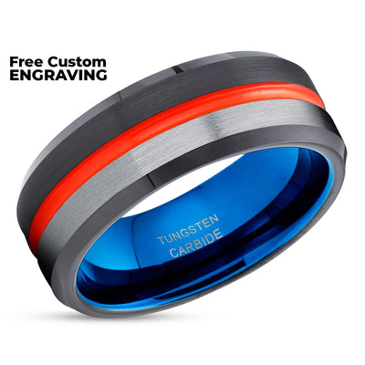Black Tungsten Ring - Orange Wedding Ring - Tungsten Wedding Band - Orange Ring - Blue Ring
