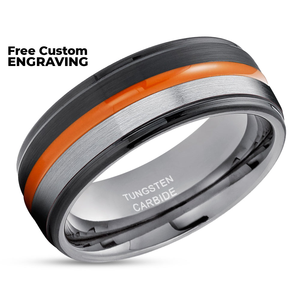 Orange Wedding Ring - Gunmetal Wedding Band - Black Tungsten Ring - Tungsten Wedding Ring - Orange