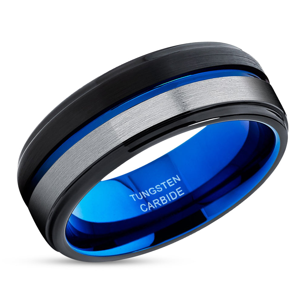Blue Tungsten Wedding Ring - Black Wedding Ring - Black Wedding Ring - Tungsten Carbide