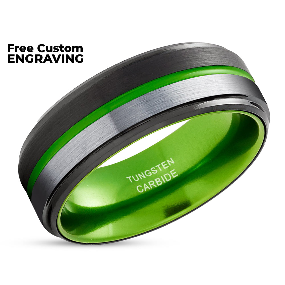 Black Wedding Ring - Green Tungsten Ring - Tungsten Wedding Band - Man's Ring - Woman's