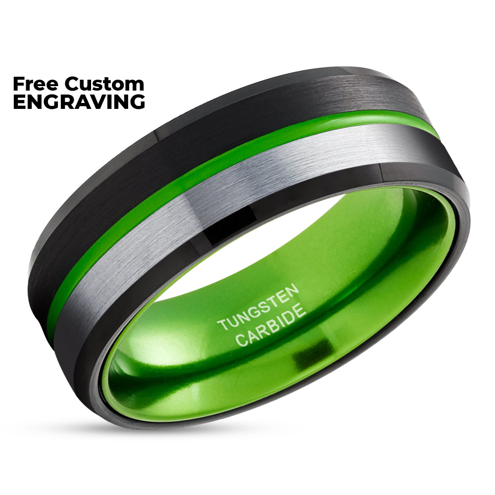 Green Wedding Ring - Black Wedding Ring - Green Ring - Tungsten Carbide Ring - Green Ring