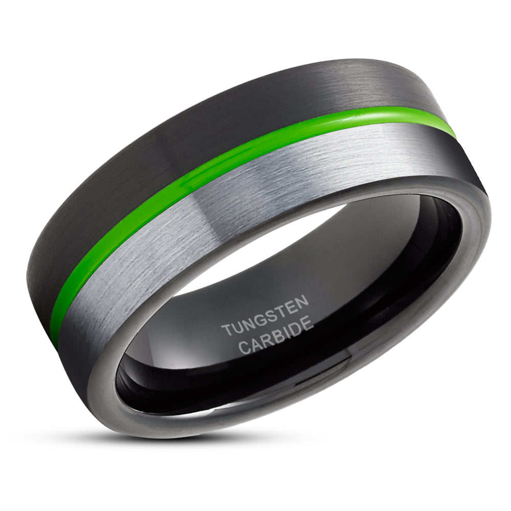 Green Tungsten Wedding Ring - Black Wedding Ring - Black Tungsten Ring - Green Ring