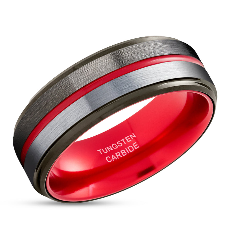 Red Tungsten Ring - Gunmetal Wedding Ring - Tungsten Carbide Ring - Red Wedding Band