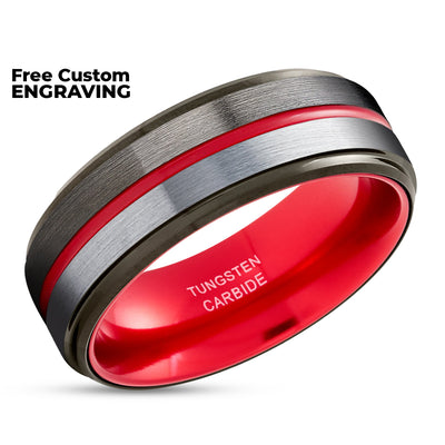 Red Tungsten Ring - Gunmetal Wedding Ring - Tungsten Carbide Ring - Red Wedding Band