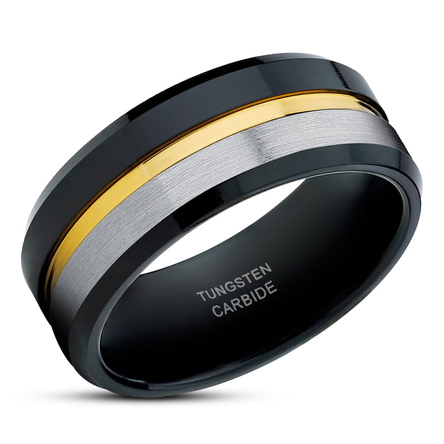 Black Tungsten Ring - Yellow Gold Wedding Ring - Tungsten wedding Band - Black Ring