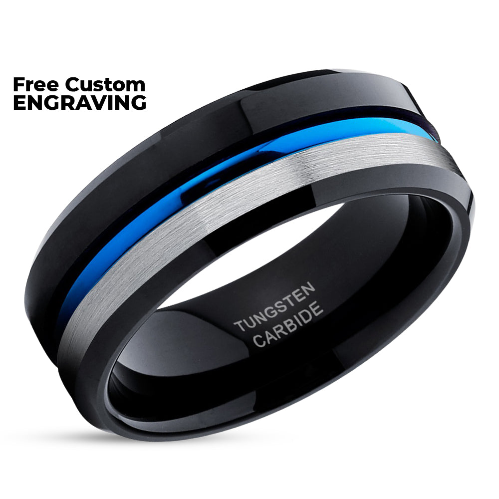 Blue Tungsten Wedding Ring - Black Tungsten Ring - Blue Wedding Band - Tungsten Ring