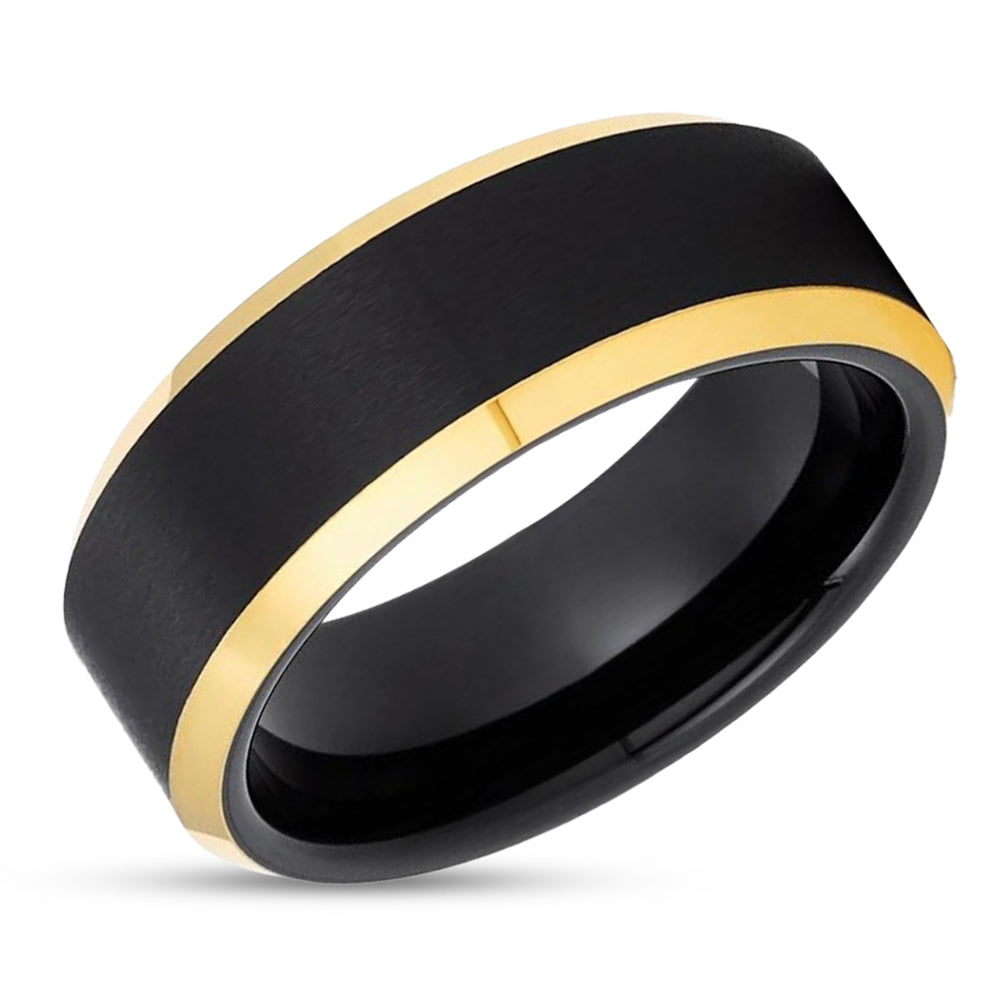 Black Wedding Ring - Yellow Gold Wedding Ring - Black Tungsten Ring - 18k Yellow Gold