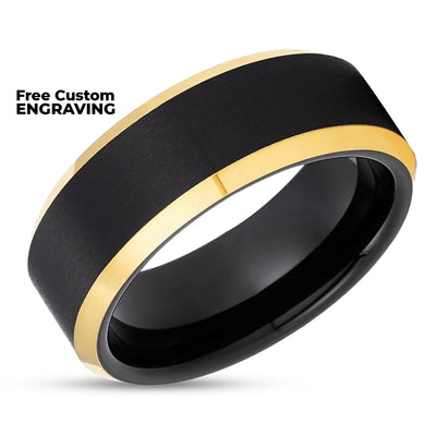Black Wedding Ring - Yellow Gold Wedding Ring - Black Tungsten Ring - 18k Yellow Gold