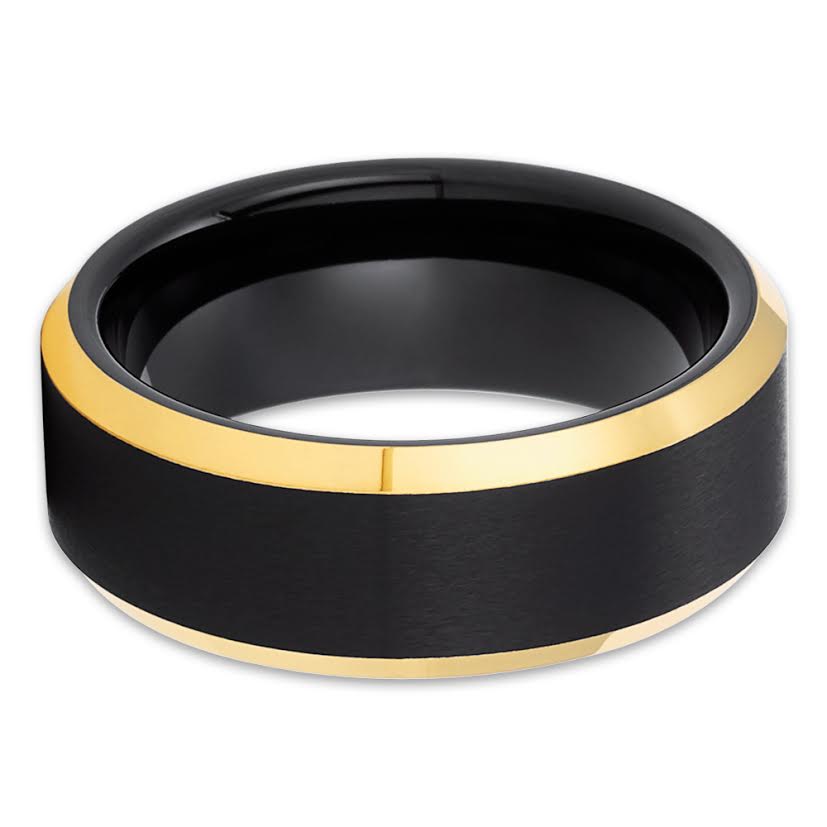 Black Wedding Ring - Yellow Gold Wedding Ring - Black Tungsten Ring - 18k Yellow Gold